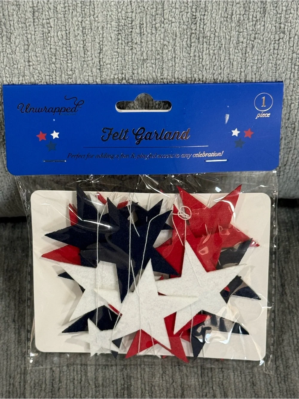 Unwrapped Felt Star Garland & Core Flag Toothpicks - Red, White & Blue Party Set